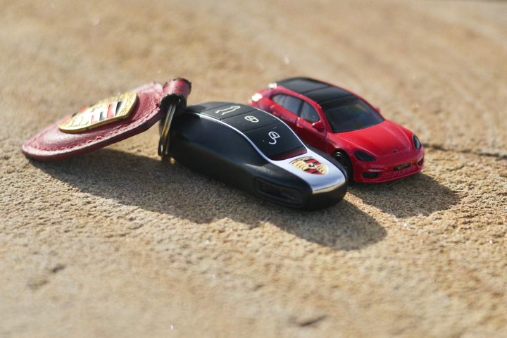 Toy Porsche with a real Porsche system key.